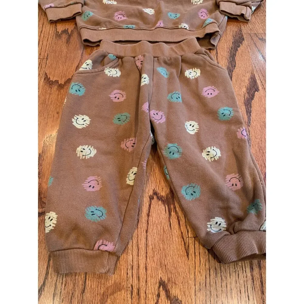 Smitn Bebe Scribble Happy Face Cotton Matching Sweatsuit Set | Brown | Small